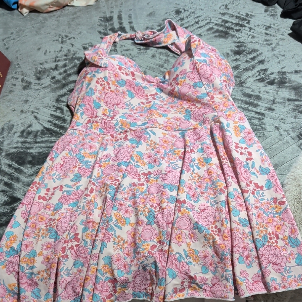 Floral Halter Fit-and-Flare Dress - Pink Multi